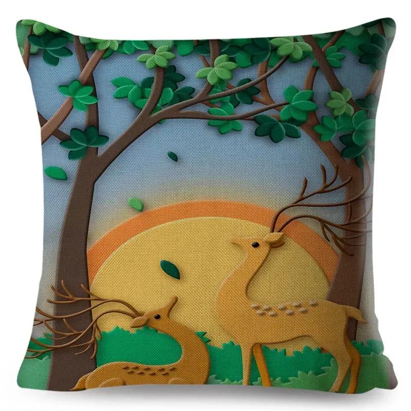 Beautiful Cartoon Deer Pillowcase Square Animal Linen Cushion Car Bedroom Sofa Seat Decorative Pillowcase 45*45Cm