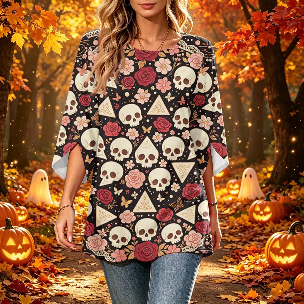 Women's Casual Loose Fit Three-Quarter Sleeve Neck Top with Halloween Print