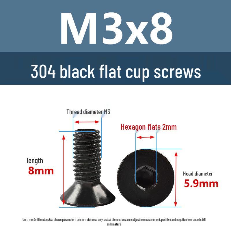 Yigu Black 304 Stainless Steel Extended Flat Head Hex Socket Screws (M2, M3, M4)