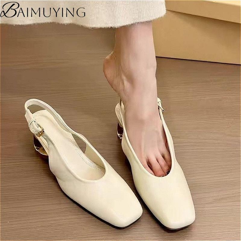 Fashion High Heels Women Sandals Square Toe Slippers Shoes Designer Summer Slingback 2024 Trend Soft Leather Dress Chunky Pumps Fashion