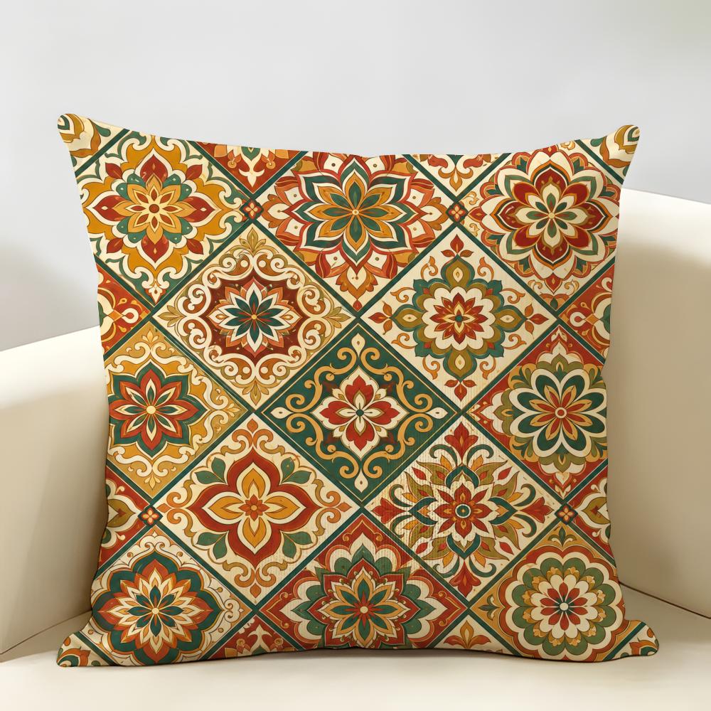 Bohemian Tile Print Cushion Cover Durable Hypoallergenic Organic Linen Short Pillow Cover Washable