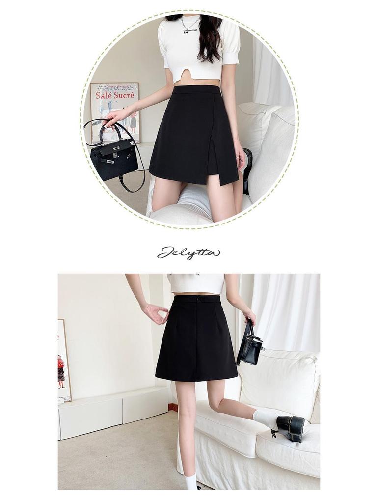 2024 Summer Plus Size High-Waist A-line Skort - Black Midi with Slit