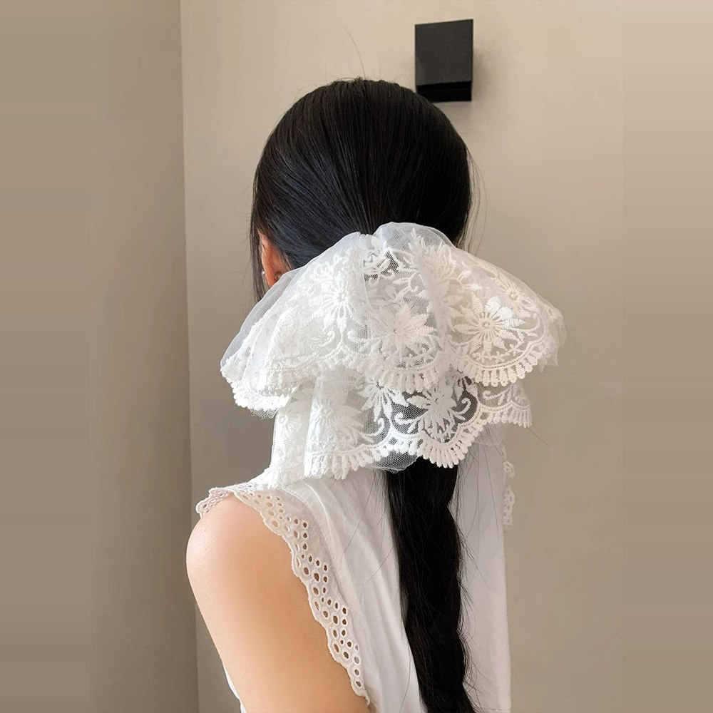 Korean Princess White Lace Mesh Scrunchie for Women - Large High-End Hair Accessory, New Spring Arrival