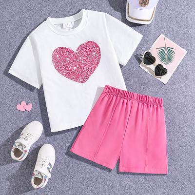 Lässiger Mädchenanzug Sommer Kindermode Liebesdruck Kurzarmtop und Shorts Anzug