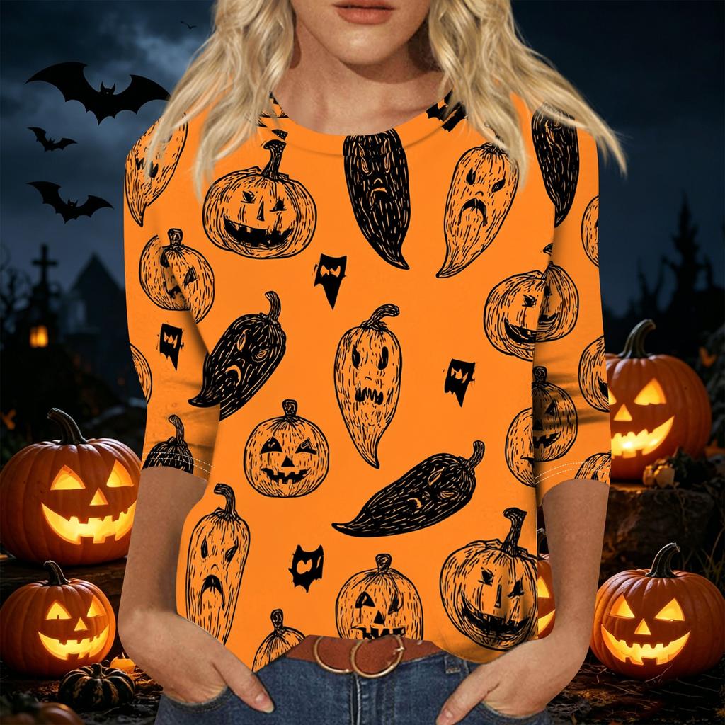 Women's Casual 3/4 Sleeve Halloween Print Pullover Top Crew Neck Lightweight Fall Shirt