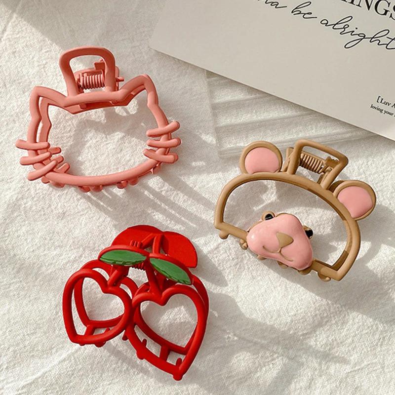 Cute Little Bear Pink Cat Hair Clips Hollowed-out Metal Girls' High School Ponytail Clips Cherry Headwear Hair Accessory Clips