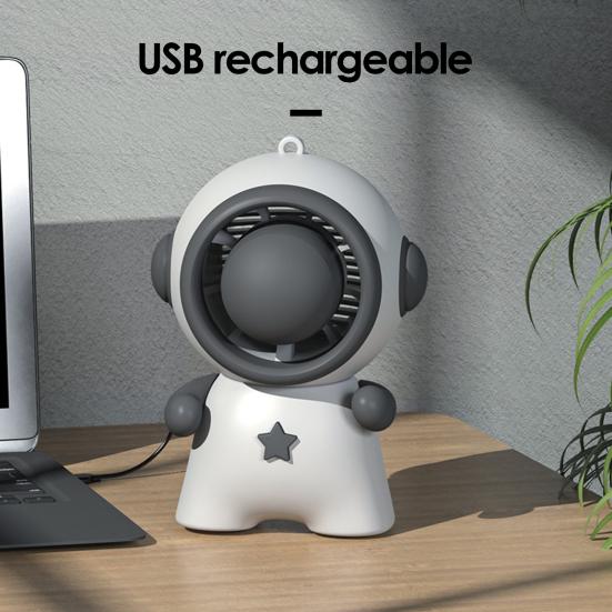 Keychain Small Fan Cartoon Astronaut Design Quiet Operation Built-in Ice Cooling Module USB Rechargeable Portable Fan with Lanyard