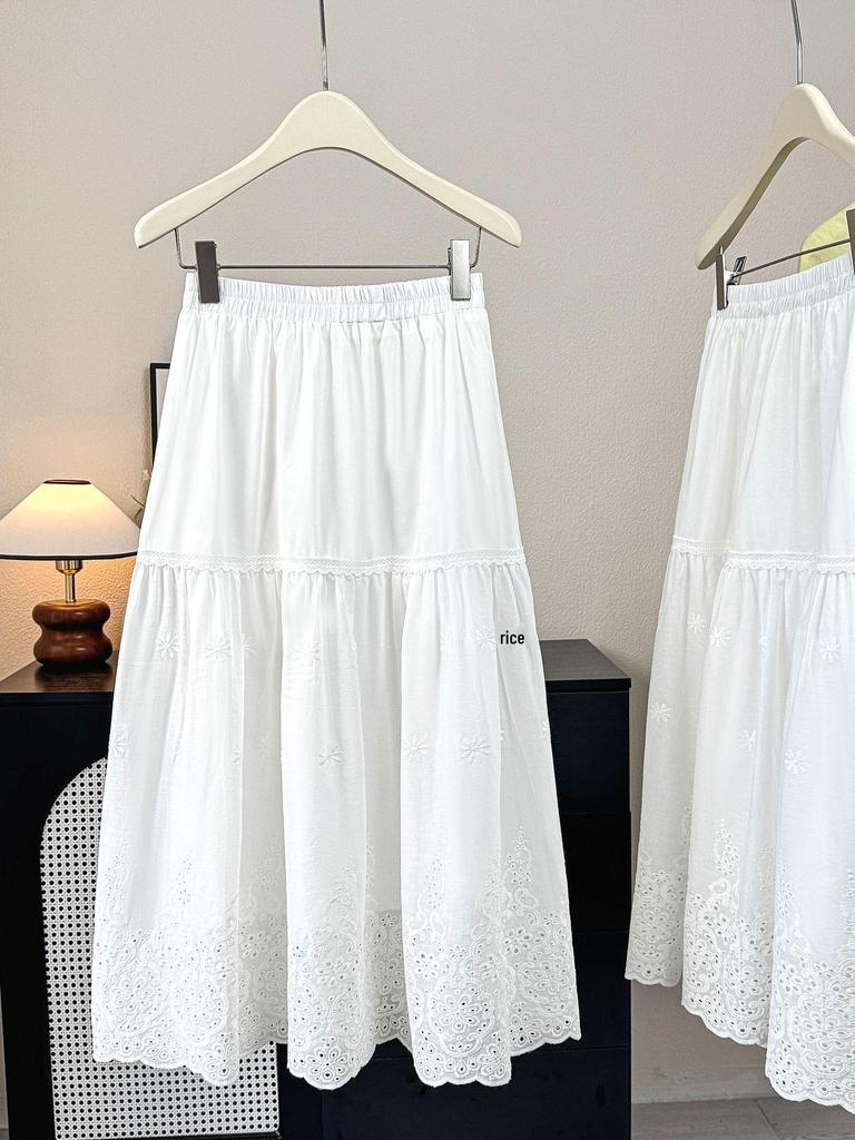 French Embroidered Lace High-Waist A-Line Flared Skirt for Women - Spring/Summer 2026 Collection (White)