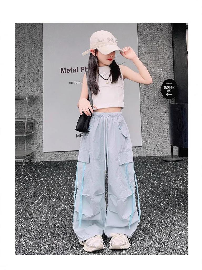Girls' Loose Wide-Leg Summer Workwear Pants - Korean Street Style for Big Kids, Cool and Thin for Spring and Autumn.