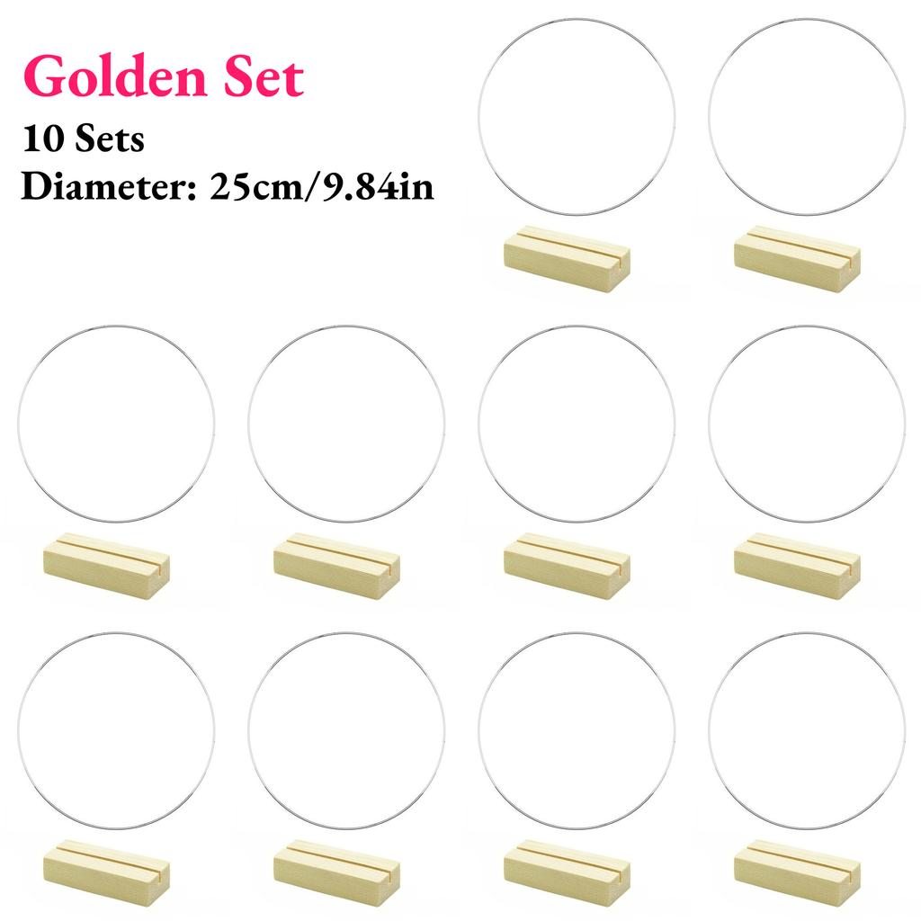 10 Sets Floral Wreath Centerpiece Set with 20-25cm Silvery Metal Ring & Wooden Base Reusable Hoops Wedding Garlands Table Decor