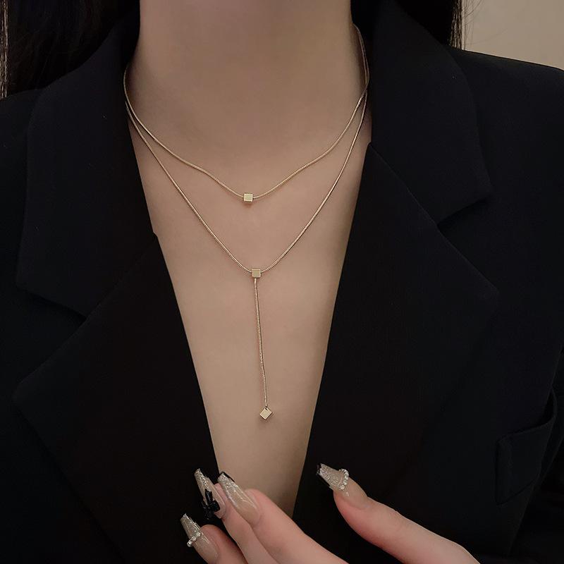 316L Stainless Steel New Fashion Fine  Minimalism 2 Layers Cube Tassel Charms Chain Choker Necklaces & Pendants For Women