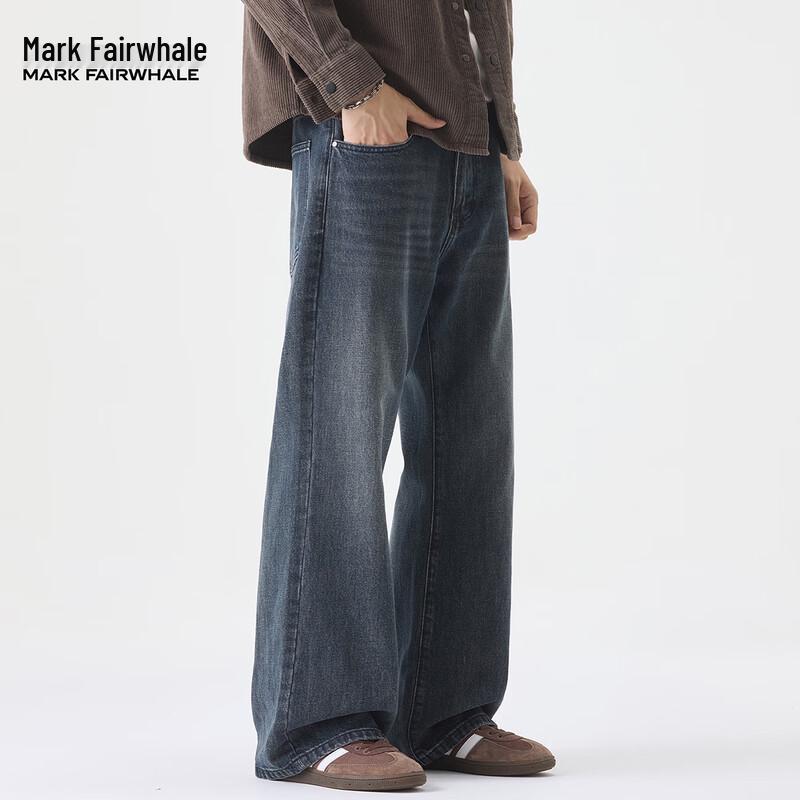 Mark Fairwhale Men's American Retro Loose Fit Dark Blue Flare Jeans