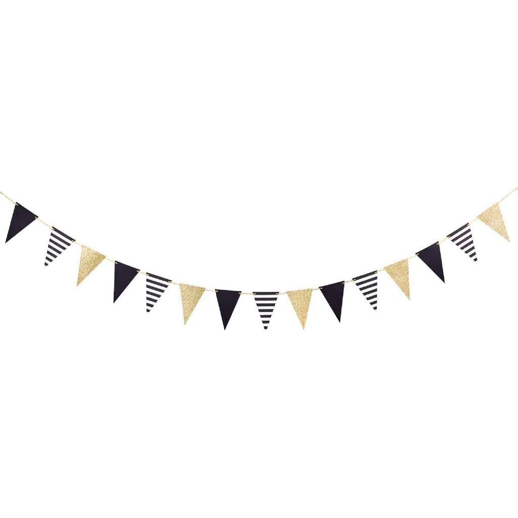 Golden Black Triangle Banner Decorations New Years Pennant Bunting Signs Decoration for Birthday Gatsby Party Nursery Anniversary Graduation Decor