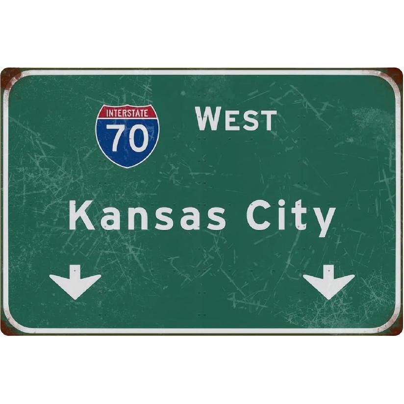 Metal Sign Retro West Kansas City Interstate 70 Road Sign Indicating Bar Club Cafe Garage Home Restaurant Wall Decor Art Poster Airport Highway Sign