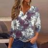 Women's Fashion Casual Floral Print V-Neck Decorative Button Three-quarter Sleeve T-Shirt Top