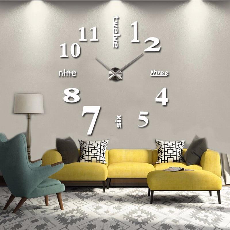 1Set Big Mirror Wall Clock Modern Design 3D Large Decorative Watch for Home Decor