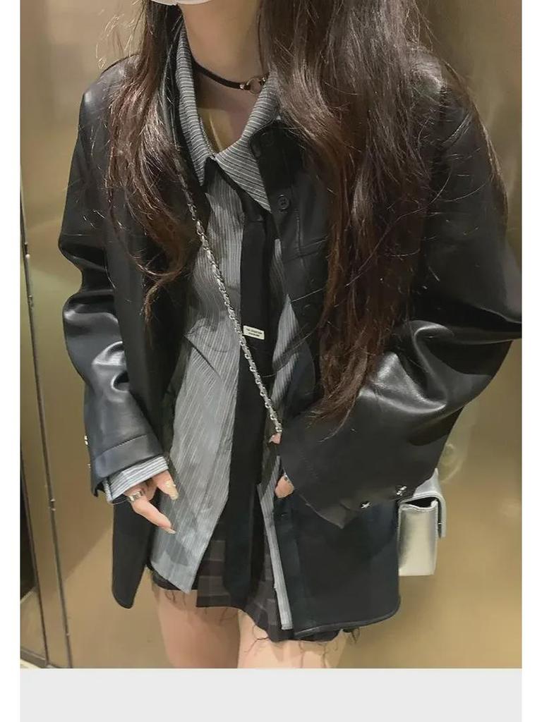 2023 Women's Loose Pinstripe Shirt Jacket - Autumn Korean College Style