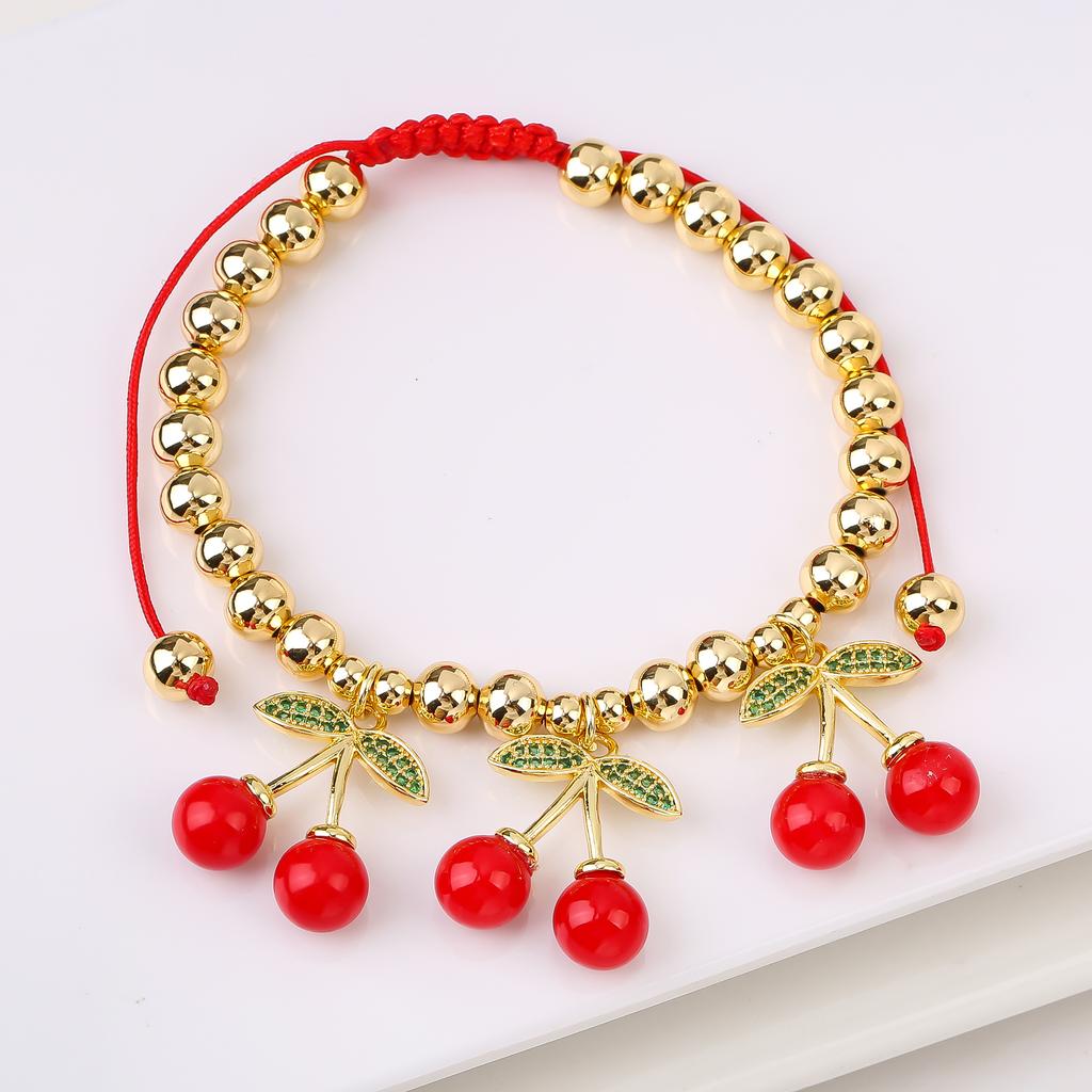 Hot Sale Cute Cherry Strawberry Pendant Copper Bead Chain Bracelet High Quality Crystal Zirconia Fruit Jewelry For Daily Wear
