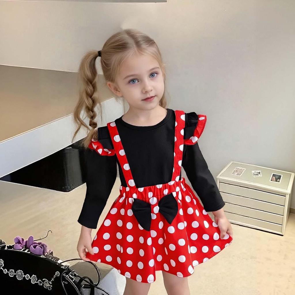 Little Girl Princess Outfit: Black Puff Sleeve Top, Polka Dot Overalls Skirt, and Bow Headband Set