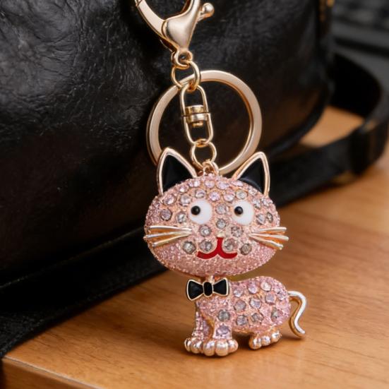 Keychain Pendant 3D Cartoon Cat Design Sparkling Rhinestones Inlaid Key Chain with Lobster Clasp Key Ring Bags Accessories