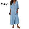 Loose Fit Dress Women's Summer Button Down Long Dress, Casual V Beach Women Neck Tunic Roll Up Sleeve Vacation Lounge Outfits