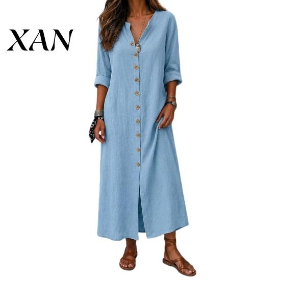 Loose Fit Dress Women's Summer Button Down Long Dress, Casual V Beach Women Neck Tunic Roll Up Sleeve Vacation Lounge Outfits