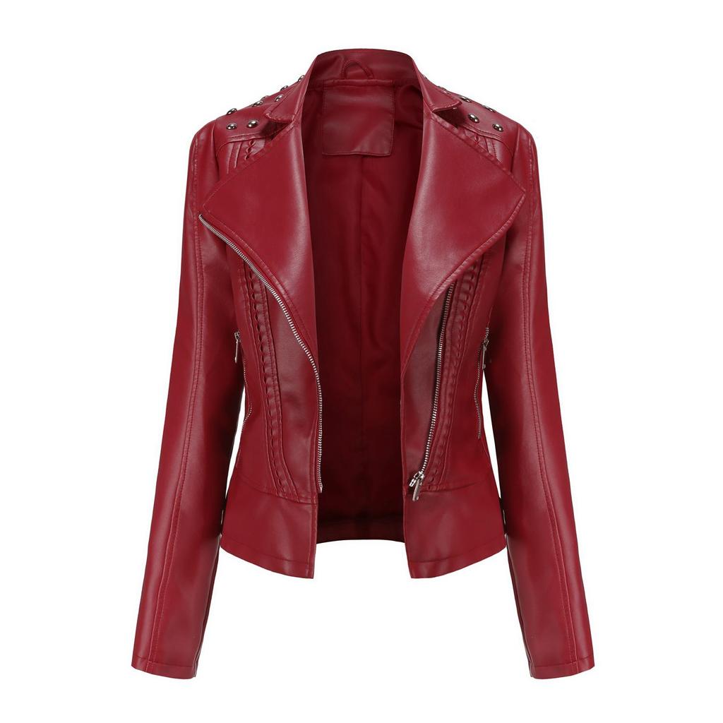 European Women's Beaded Leather Motorcycle Jacket - Long Sleeve, Lapel, Thin Fashion for Spring and Autumn 2023