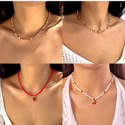 European and American New Summer Cute Cherry Strawberry Rice Bead Necklace Collarbone Chain Women's Handmade Beaded Neck Jewelry