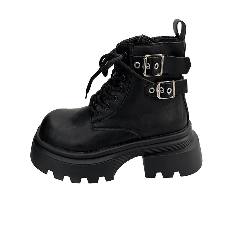 Platform Booties New Soft Sole Fall Winter Round Toe Side Zipper Metal Buckle Anti-slip Wear-resistant Block Heel Boots