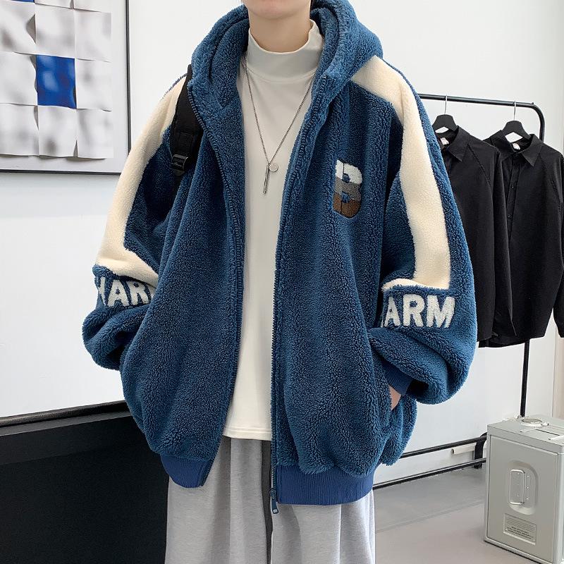 

Men s Winter Plus Velvet Lamb Plush Hooded Jacket - Warm, Trendy Cotton Outerwear for Youth and Students 2XL (150-170 jin)