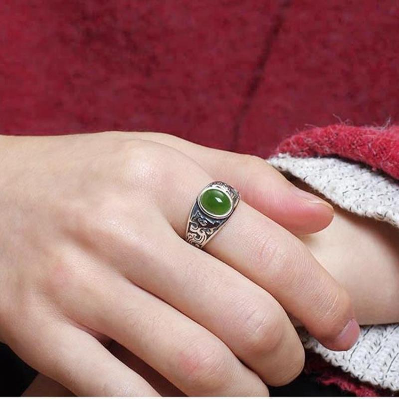 Women Vintage Green Gem-Stone Open Adjustable Finger Ring Imitation Jade Alloy Green Rings For Men Cute Accessories