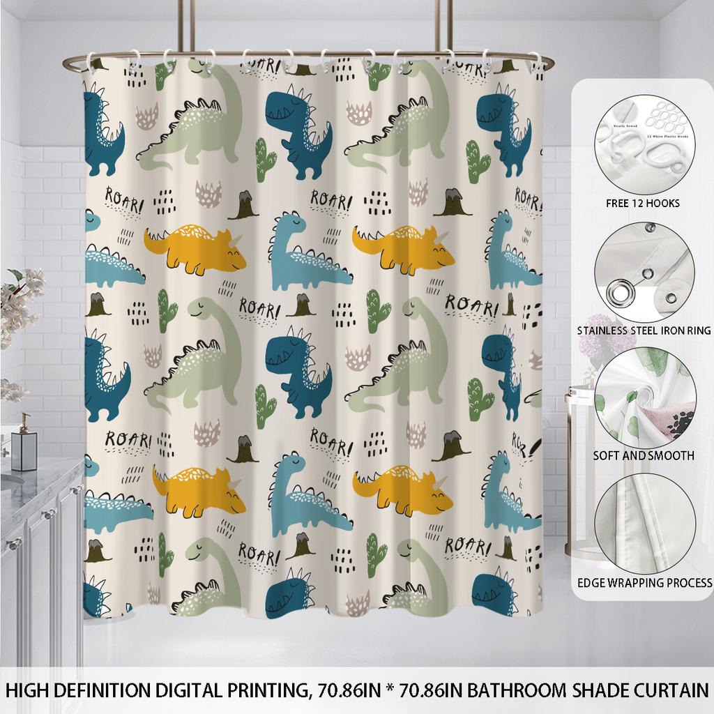 1Pc Cartoon Cute Dinosaur Print Waterproof Shower Partition Privacy Hanging Curtain With 12 Hooks Multiple Size Machine Washable
