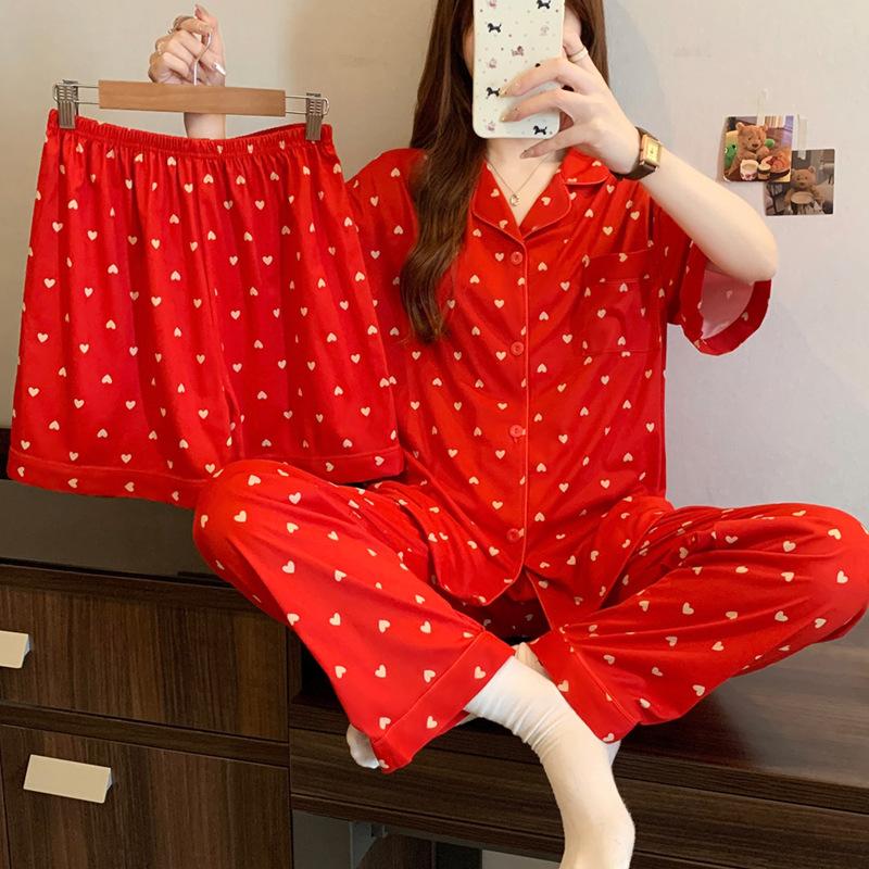 Frühlings- und Sommerpyjama Damen neuwertig groß rot Liebesdruck kurzärmelig dreiteilig Baumwollimitat Loungewear
