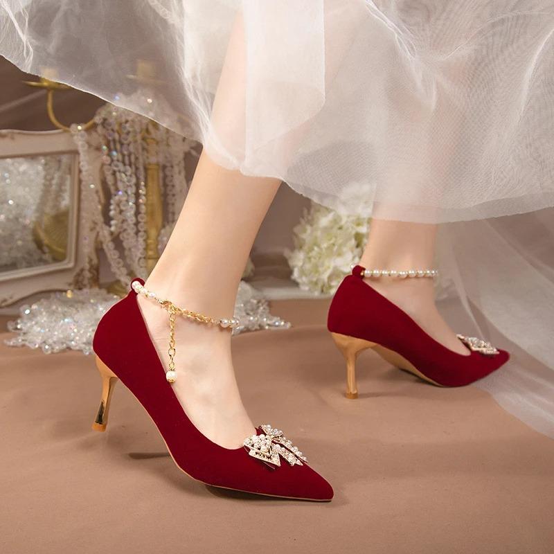 Fashion Red Pearl Bowknot Wedding Party Shoes for Women String Bead Thin Heels Pumps Ladies Ankle Strap Pointed Toe High Heels Shoes