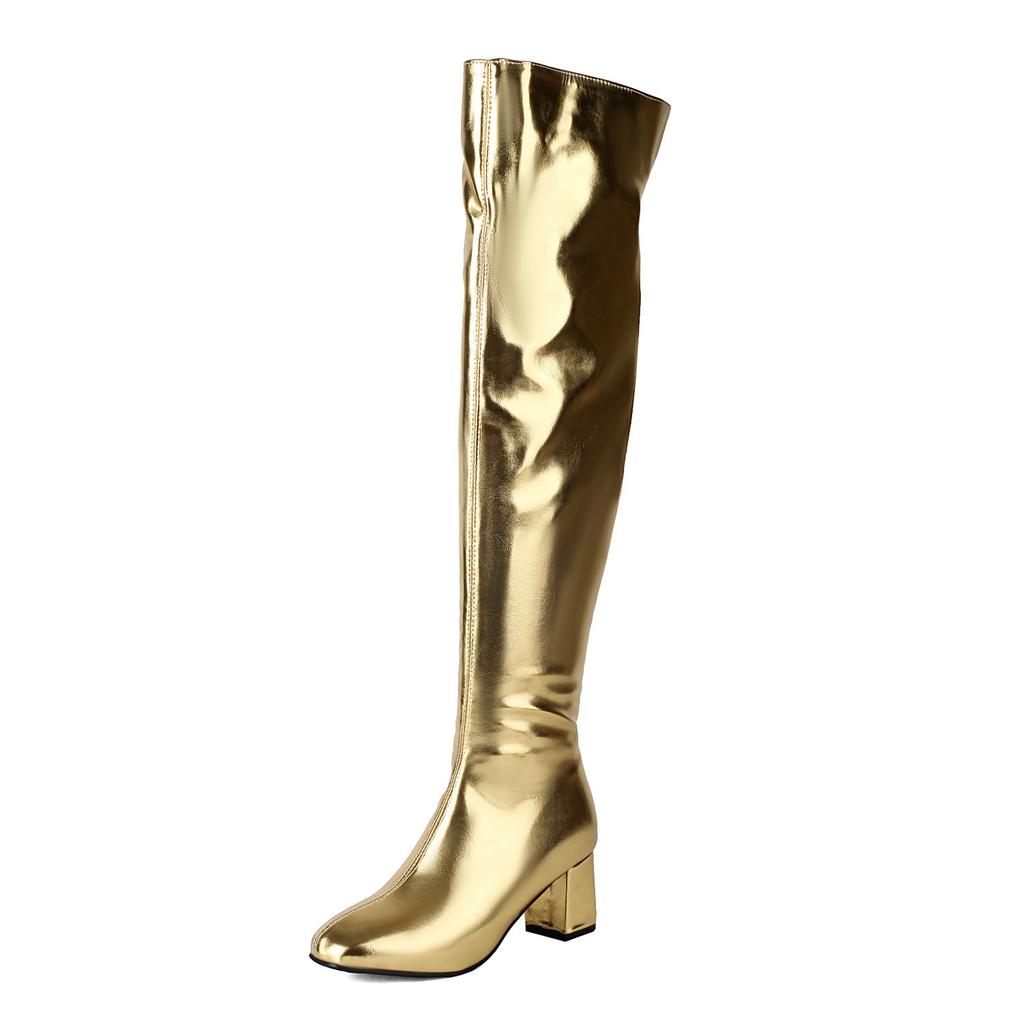 Metallic Gold Silver Thigh High Long Boots Women's Patent Leather Over the Knee High Boots Chunky Heels Shoes