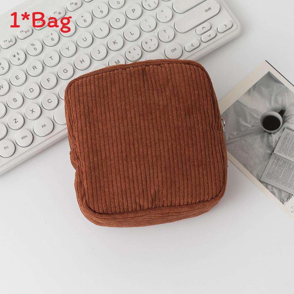 Light Corduroy Makeup Organizer With Stitching For Daily Use And Travel Storage