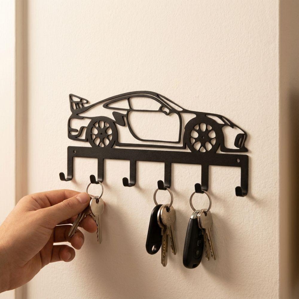Wrought Iron Wall Mount Key Rack Sturdy 6 Hooks Sports Car Storage Hooks Entryway