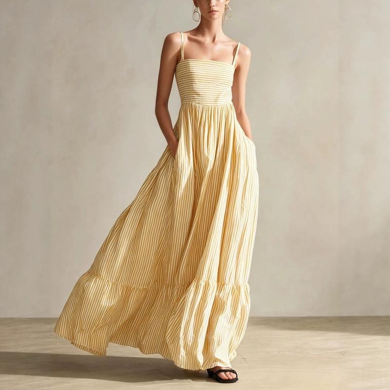 European Style Women Casual Striped Sleeveless Maxi Dress