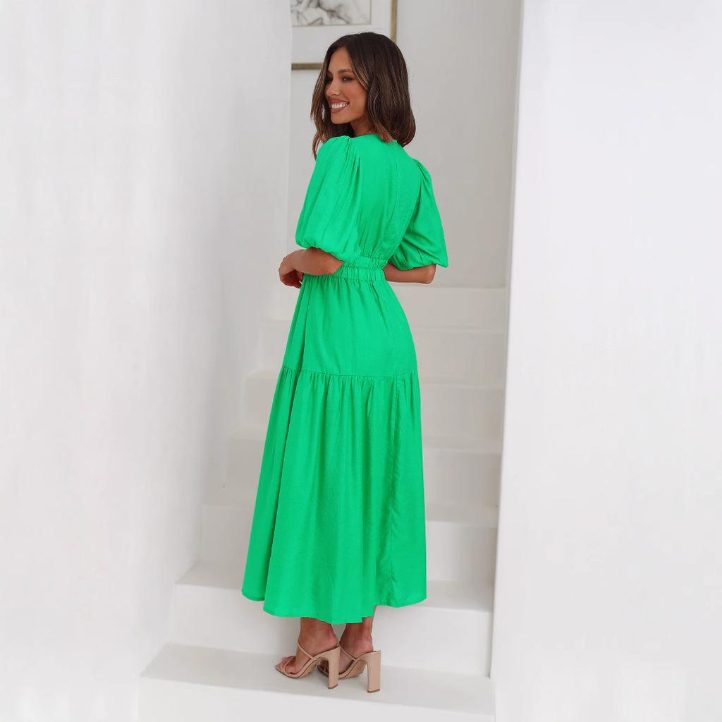 women's High Waist Puff Sleeve V Neck Midi Dress Solid Color Vacation Casual Party Dress