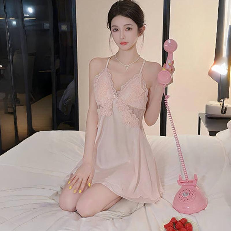 Ice Silk Women's Sexy Nightgown & Camisole Robe Set – High-End, Beautiful Back, with Chest Pads, for Spring and Autumn Homewear