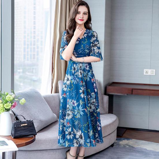 Women's Casual Flowy Chiffon Maxi Dress A-line Ruffle Short Sleeve V Neck Long Dress Boho Floral Summer Dress