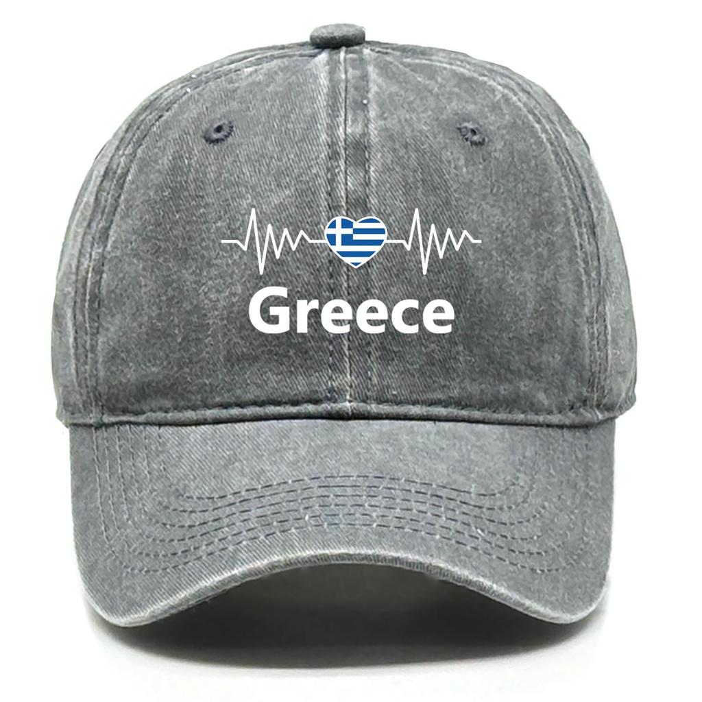 Heart Wave Greece Flag Print Snapback Sun Hat, Patriotic Mesh Hat Inelastic All-season Solid Color Fit Adjustable Baseball Cap
