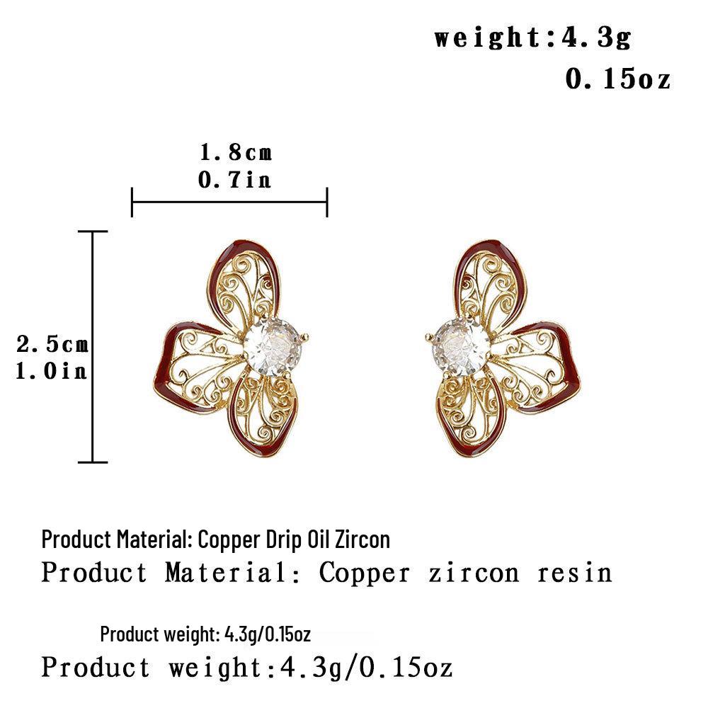 Retro High-End Zircon Drip Oil Hollow Flower Silver Earrings for Women