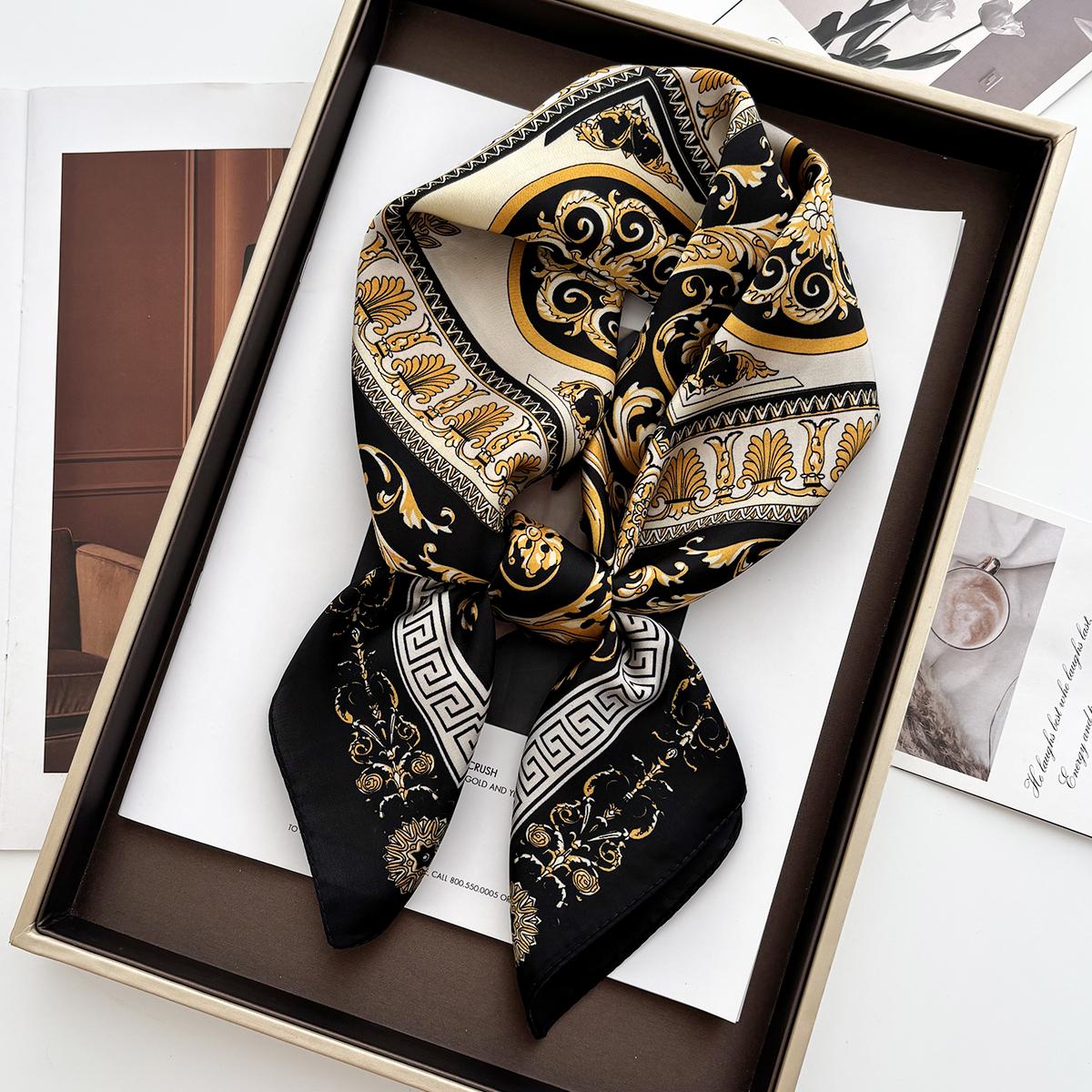 

Luxury Women s Vintage Versatile Thin Satin Scarf Floral Print Hairband Spring Autumn Small Square Scarf for Tying Hair And Bags 70x70CM