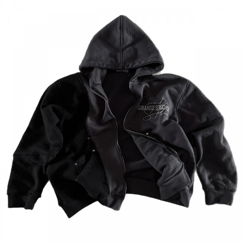Unisex Distressed Hoodie With 3D Graphic Print Stitched Patchwork Design Streetwear Zipper Detail