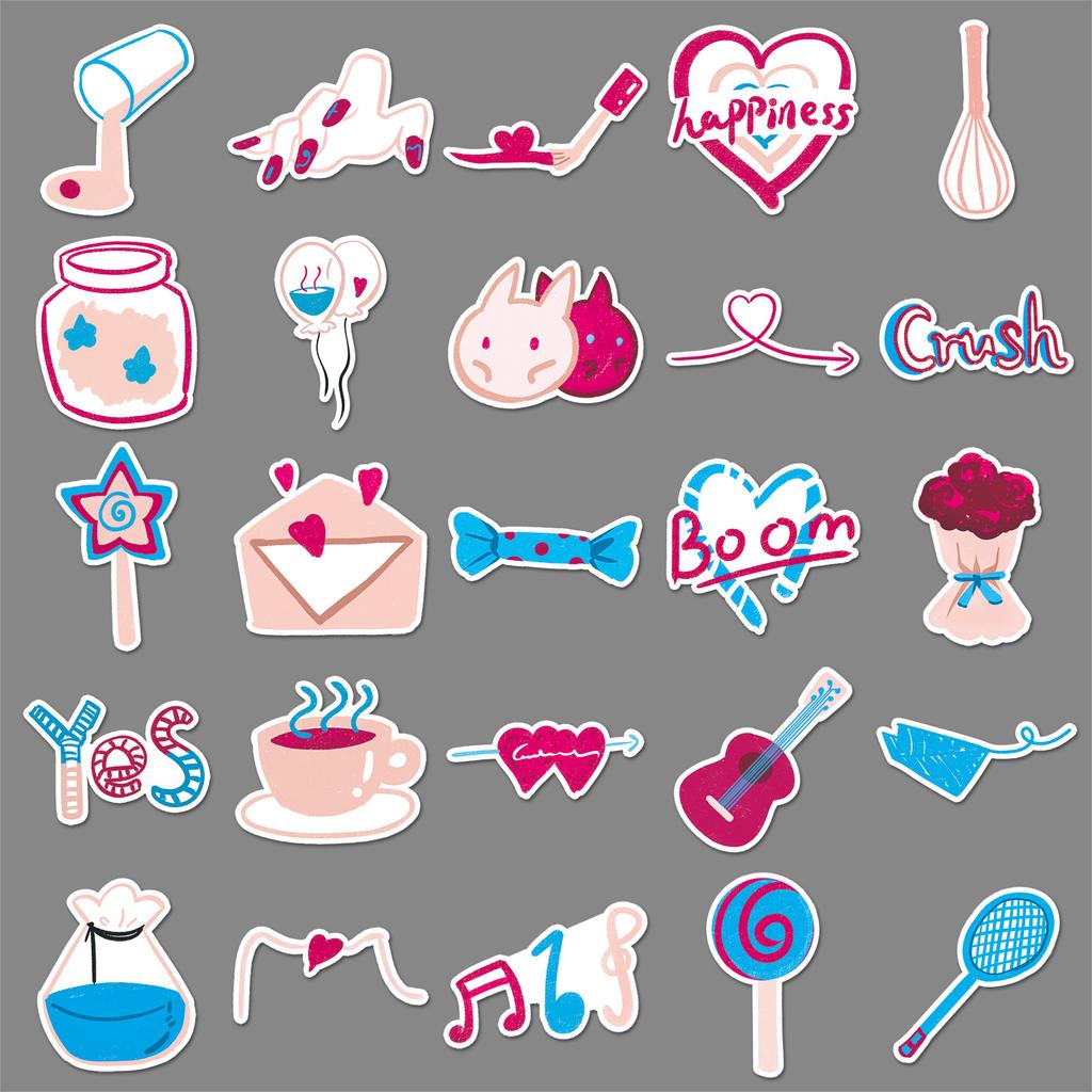 50 Love Cartoon Hand-drawn Valentine's Day Gum Card Love Decoration Suitcase Stickers