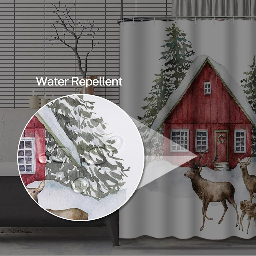 Christmas Shower Curtain, Red House and Deers in Forest Winter Waterproof Fabric Bathroom White Shower Curtain Set with