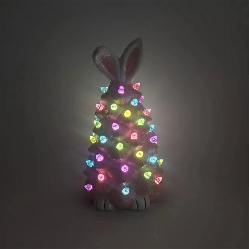 Easter Decoration White Pottery Rabbit Figurines Led Glowing Animal Ornament Rabbit Tree Crafts for Easter Party Decor
