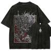Vintage Washed Oversized Crewneck T Shirt Print Dragon Lightning Demon Wing Graphic Y2K Goth Streetwear Loose Casual Tee for Men Women Punk Fans