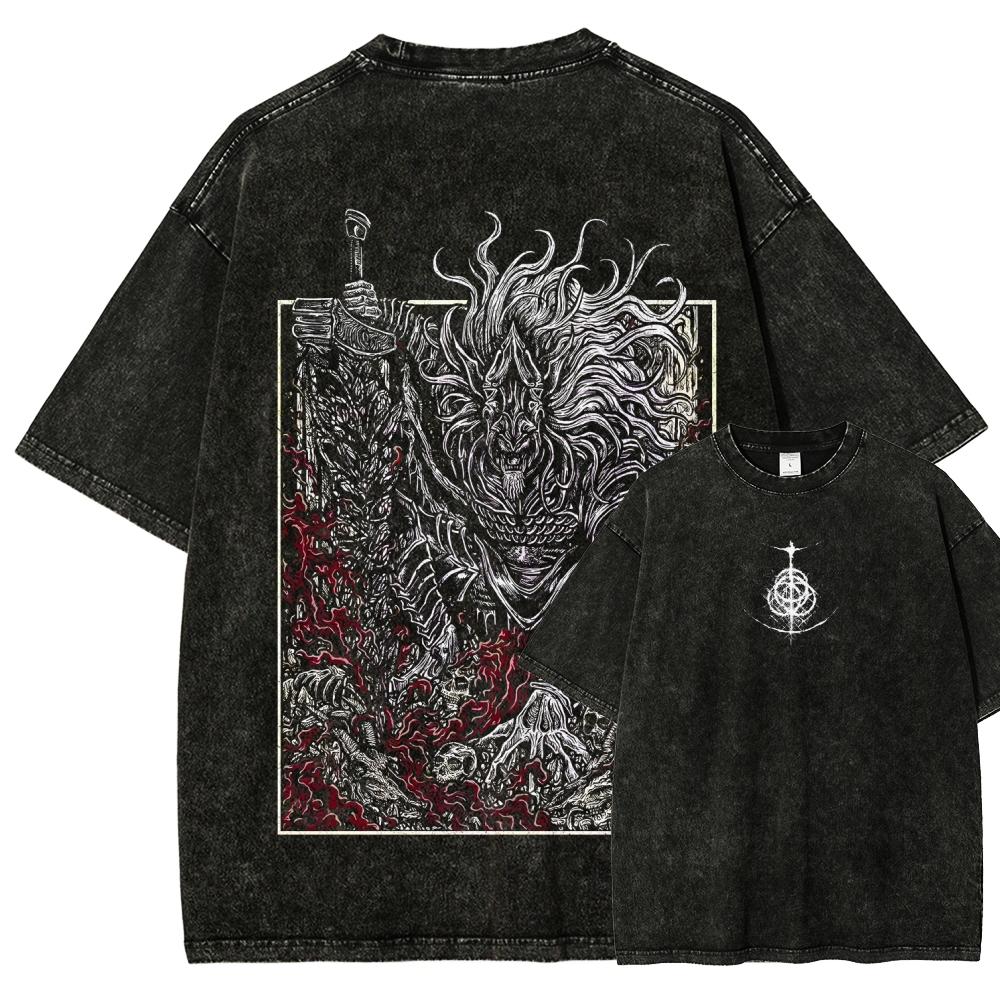 Vintage Washed Oversized Crewneck T Shirt Print Dragon Lightning Demon Wing Graphic Y2K Goth Streetwear Loose Casual Tee for Men Women Punk Fans